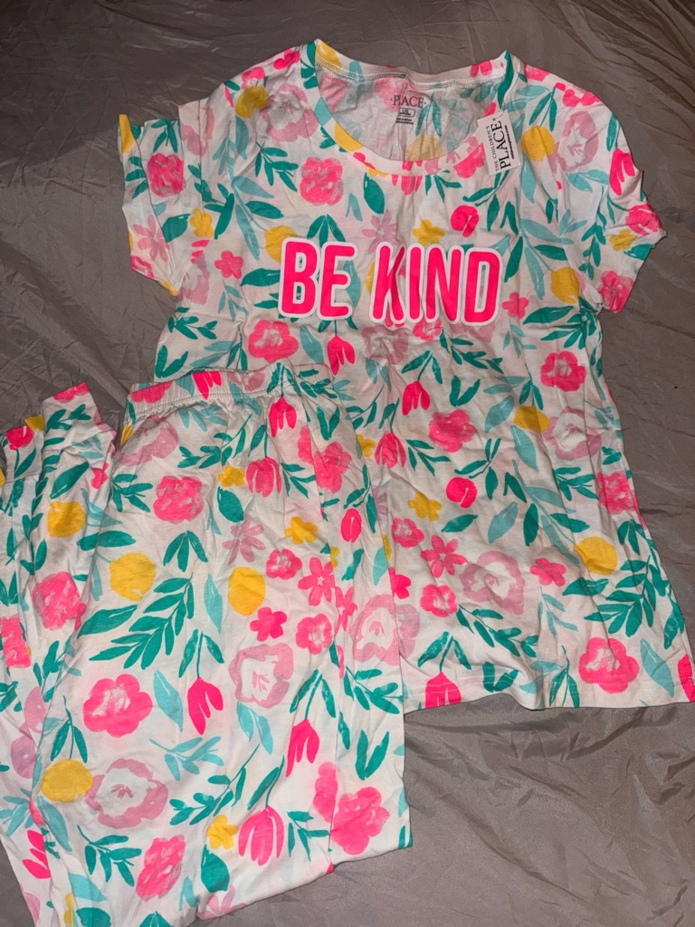 Place Floral "Be Kind" Pajama Set - White, Pink, Yellow, Teal